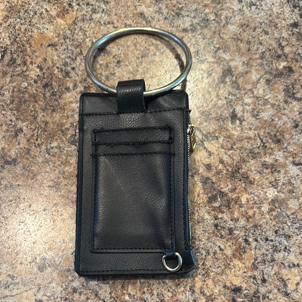 Black Leather Phone and Card Holder with Ring